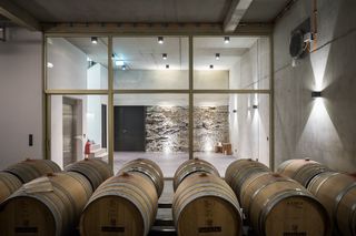 Sasbach Winery by ABMP Architekten. A room filled with barrels of wine in front of another room separated by a glass wall.