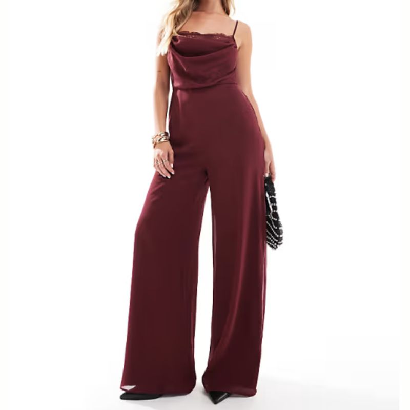 burgundy jumpsuit with wide legs