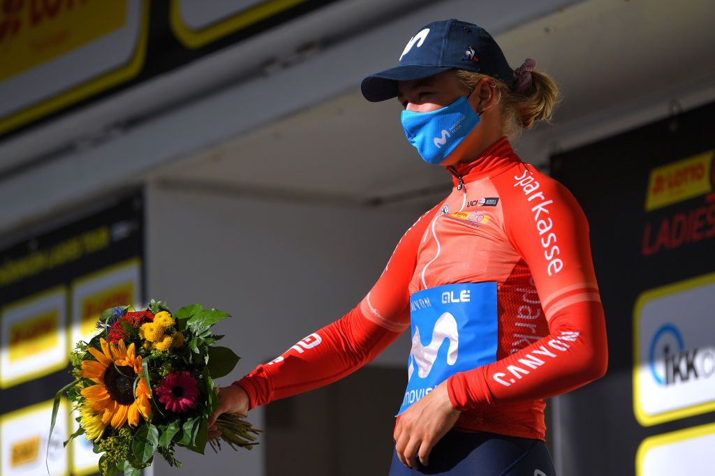 WEIMAR GERMANY MAY 29 Emma Norsgaard Jorgensen of Denmark and Movistar Team red best young jersey celebrates at podium during the 34th Internationale LOTTO Thringen Ladies Tour 2021 Stage 5 a 1433km stage from Weimar to Weimar ltlt2021 lottothueringenladiestour womencycling on May 29 2021 in Weimar Germany Photo by Luc ClaessenGetty Images