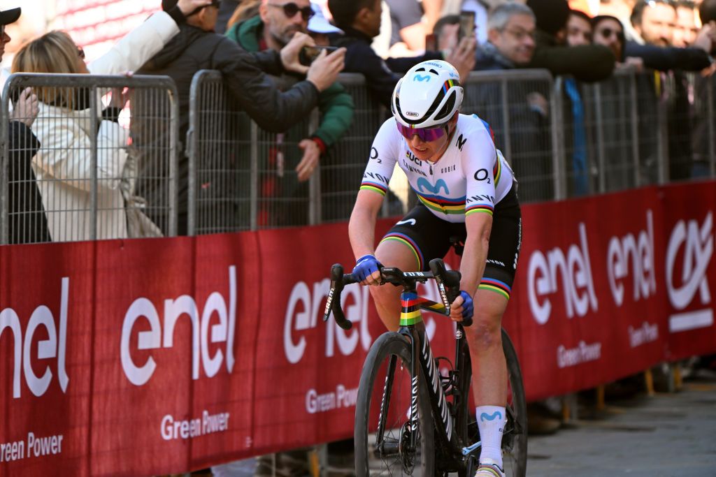 Annemiek van Vleuten (Movistar) crosses the line in fifth place at the 2023 Strade Bianche, after coming second in 2022 and winning in 2019 and 2020