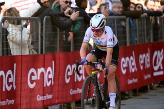 Annemiek van Vleuten (Movistar) crosses the line in fifth place at the 2023 Strade Bianche, after coming second in 2022 and winning in 2019 and 2020