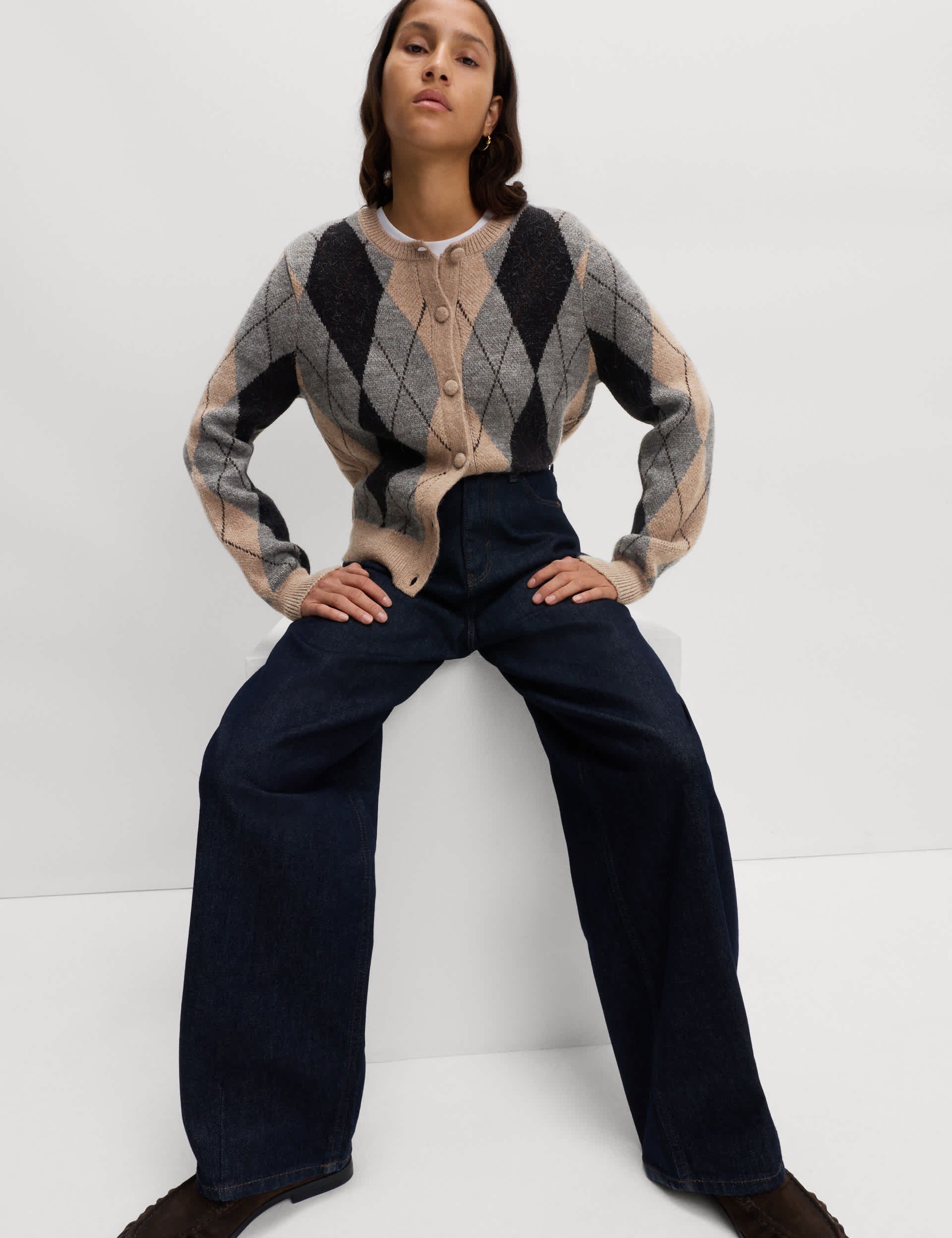 Argyle Crew Neck Cardigan With Wool