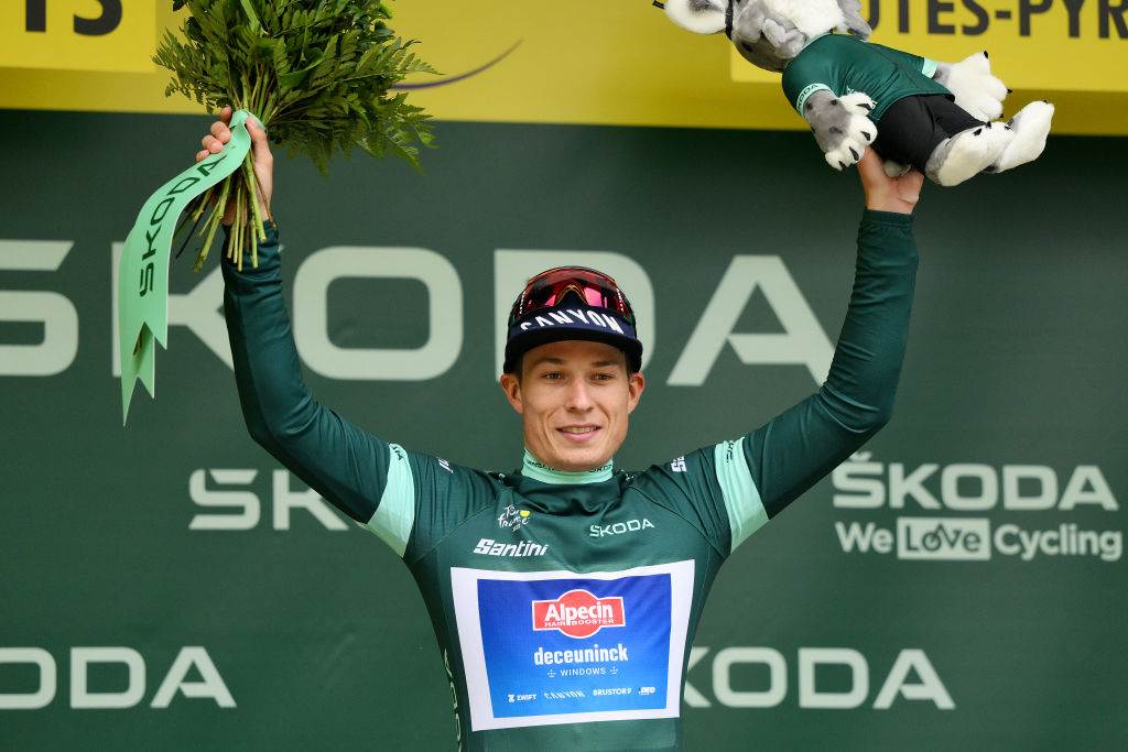 CAUTERETSCAMBASQUE FRANCE JULY 06 Jasper Philipsen of Belgium and Team AlpecinDeceuninck Green Points Jersey celebrates at podium during the stage six of the 110th Tour de France 2023 a 1449km stage from Tarbes to CauteretsCambasque 1355m UCIWT on July 06 2023 in CauteretsCambasque France Photo by David RamosGetty Images