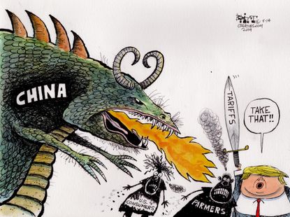 Political cartoon U.S. Trump china trade war tariffs farmers