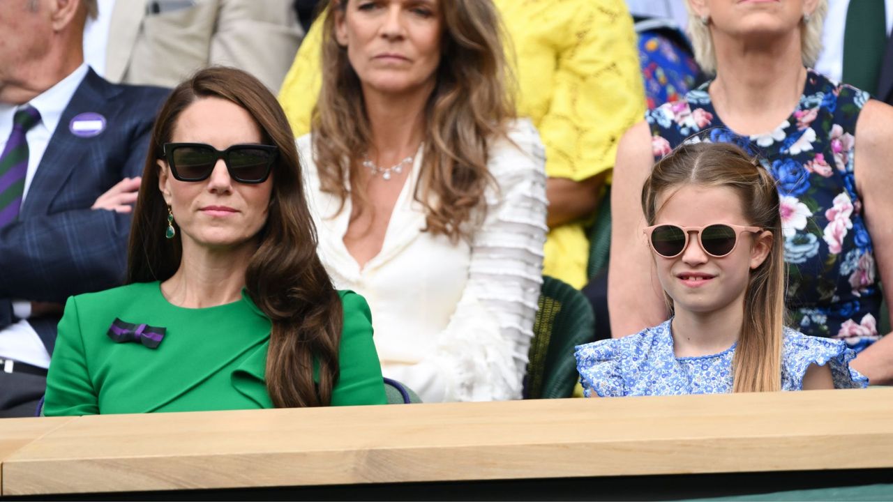 Kate Middleton watching the Wimbledon men&#039;s final tennis match in the royal box accompanied by Princess Charlotte