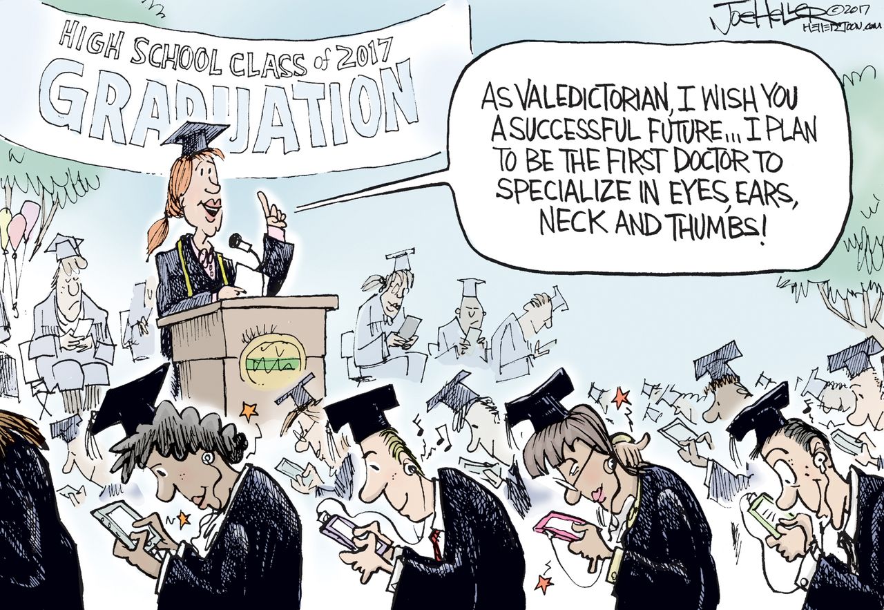 Editorial cartoon U.S. College graduation Technology addiction