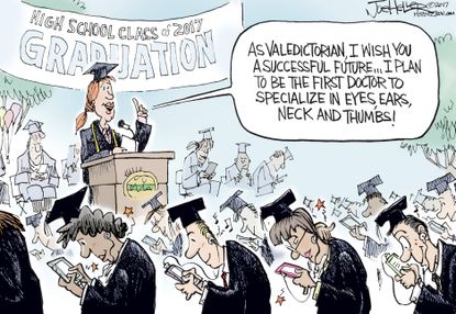 Editorial cartoon U.S. College graduation Technology addiction