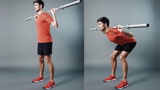 Man demonstrates two positions of the good morning exercise using an empty Olympic barbell