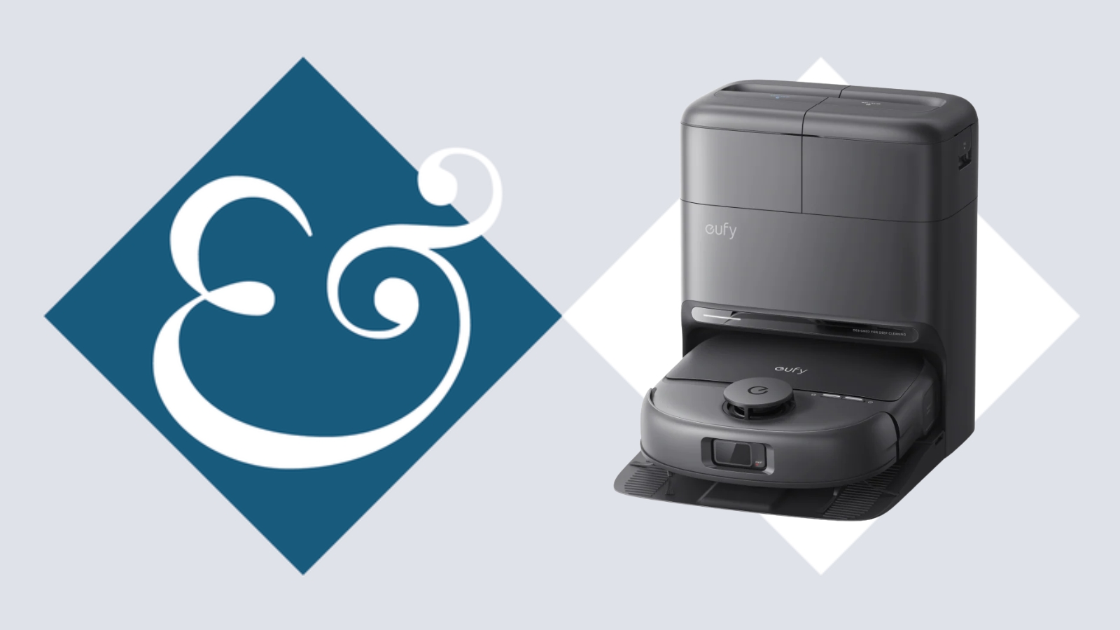 eufy Omni C28 robot vacuum on tile background next to Homes &amp; Gardens '&amp;' logo.