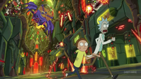 two sci-fi cartoon characters running from an alien bug