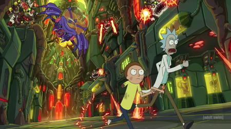 two sci-fi cartoon characters running from an alien bug