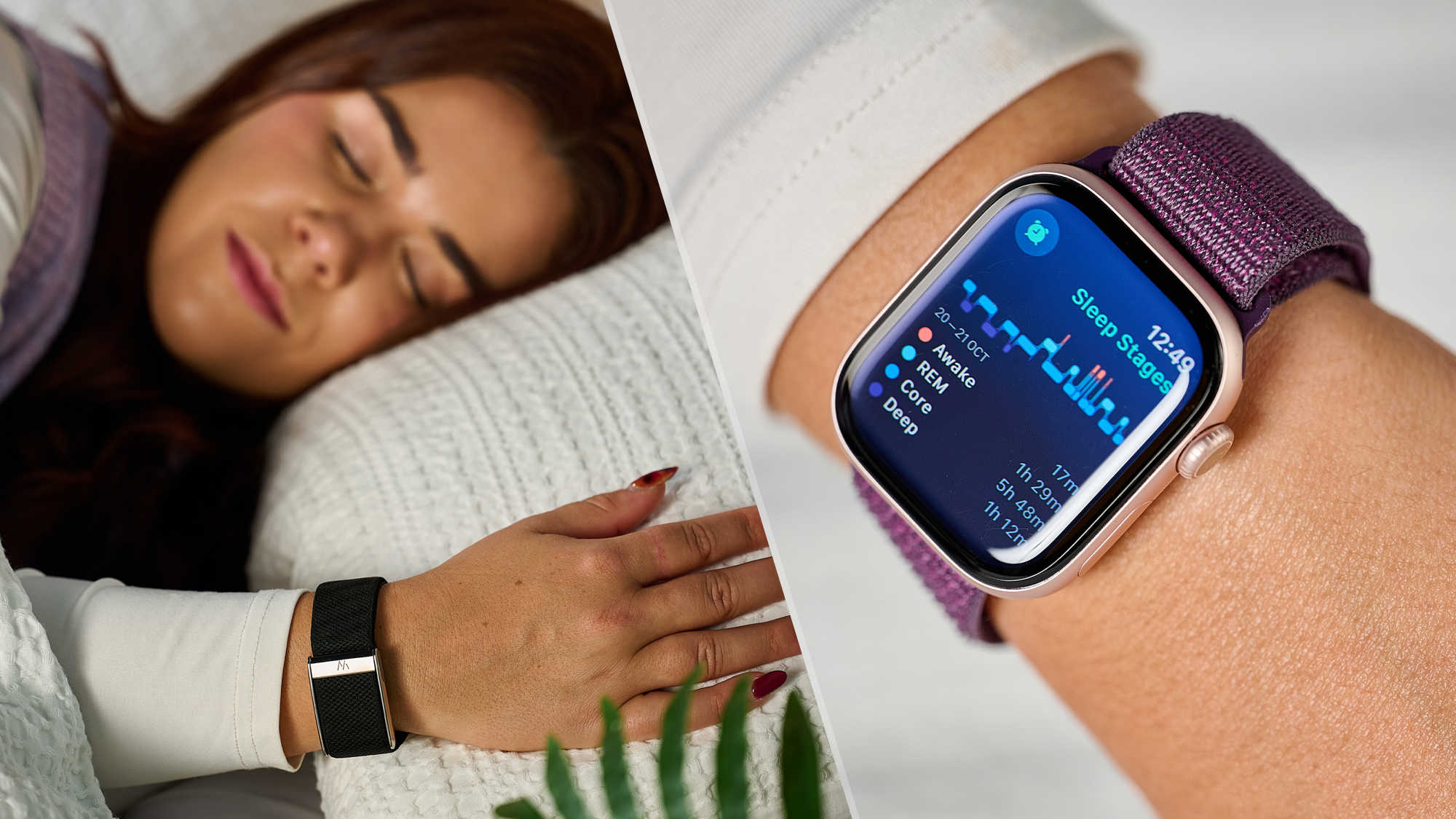 On the left, a close up of sleep tech writer Eve Davis wearing a sleep tracker while sleeping in bed. On the right, a close up of the Apple Watch Sleep Tracker showing the percentage for Awake, REM, Core and Deep Sleep
