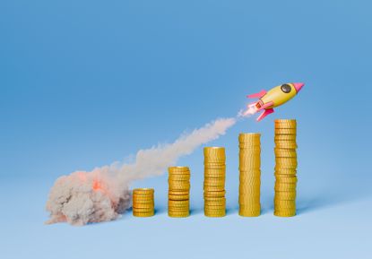 PensionBee profitable concept - Rocket flying over the stacks of coins on blue background