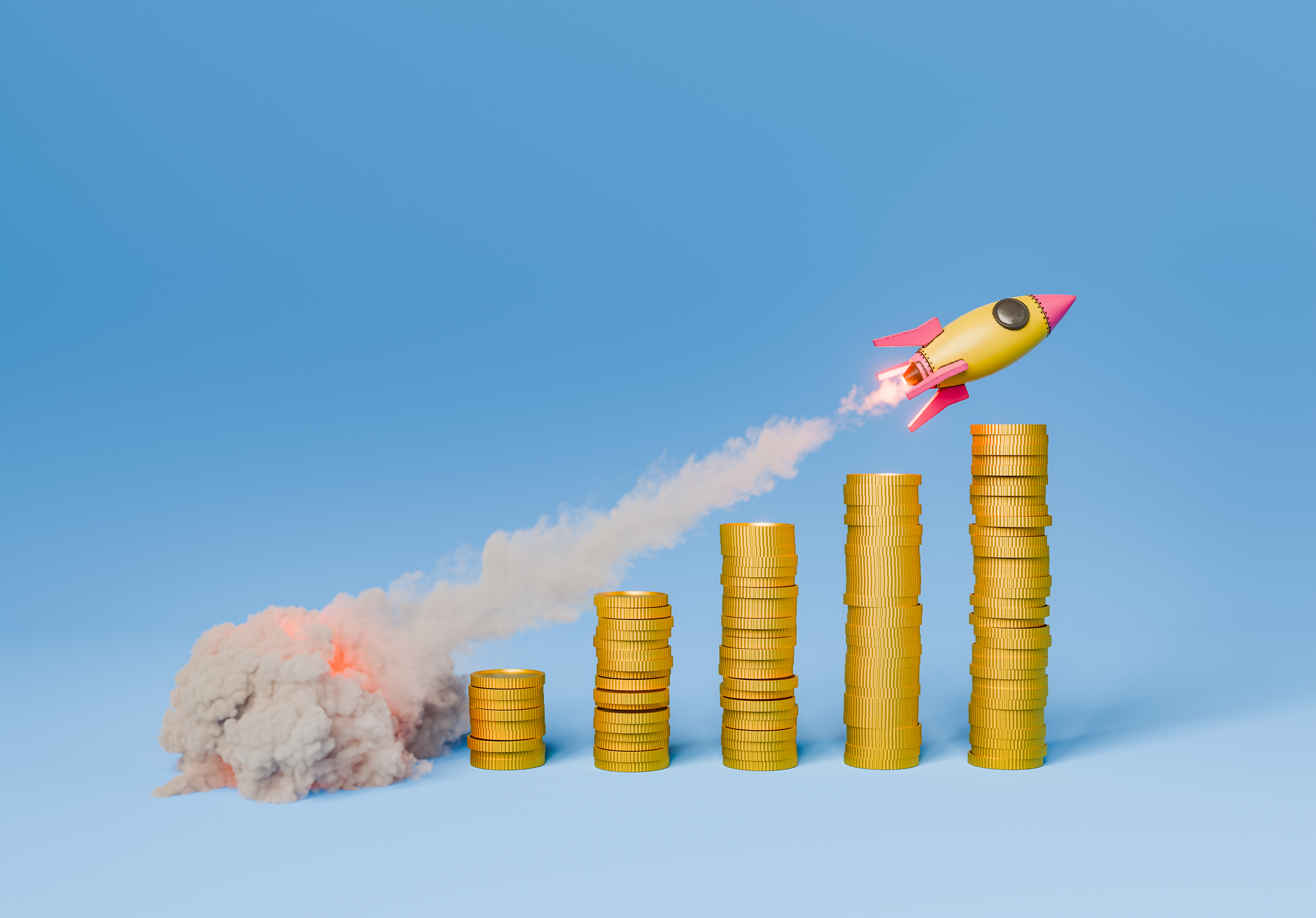 PensionBee profitable concept - Rocket flying over the stacks of coins on blue background