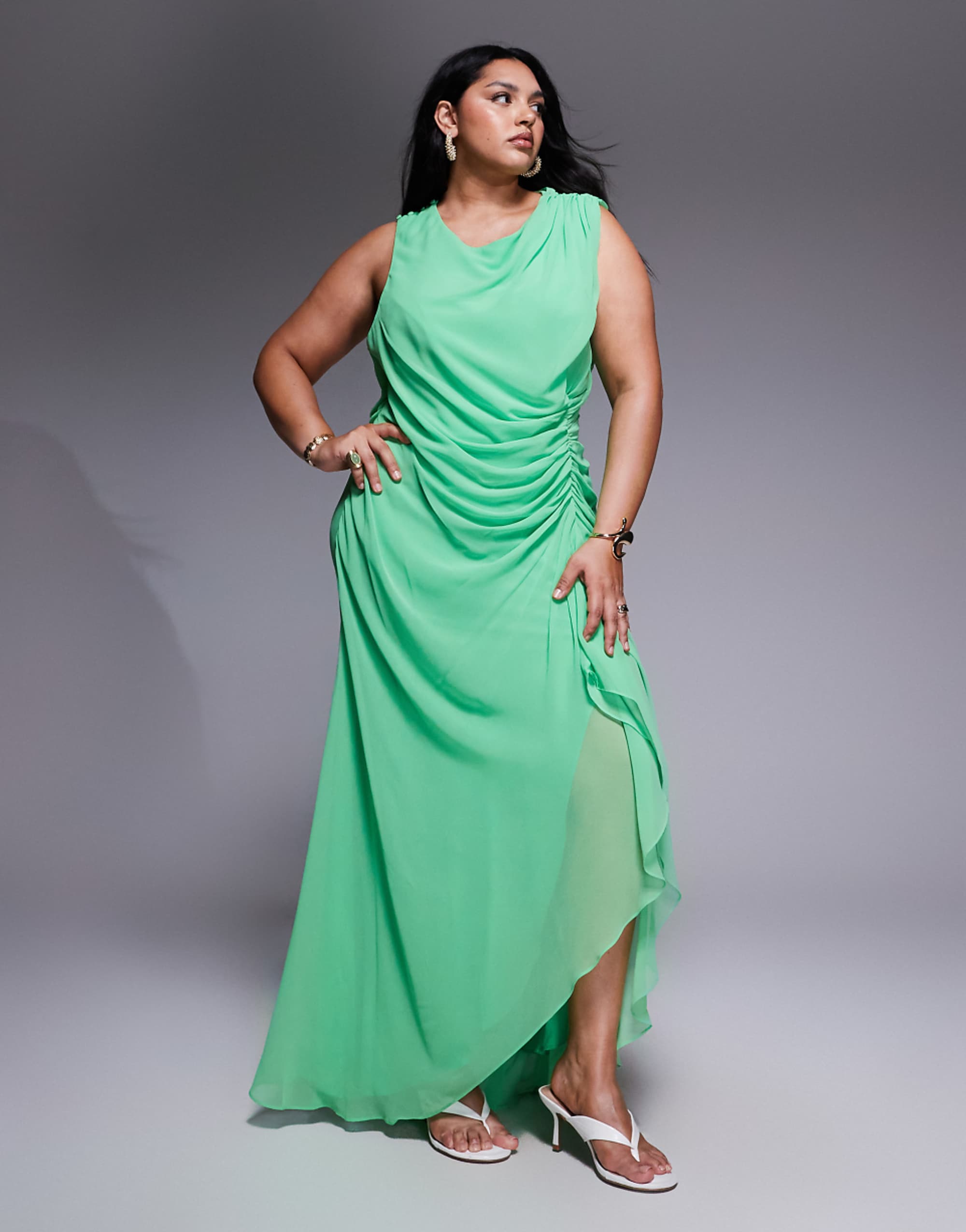 Asos Design Curve Gathered Waist Ruffle Maxi Dress With Open Back in Apple Green