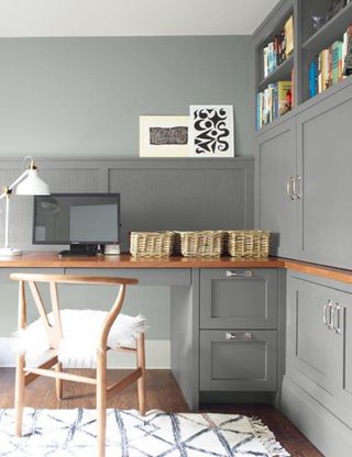 Home office shows Benjamin Moore Metropolitan AF-690 Regal Select paint on the cabinets