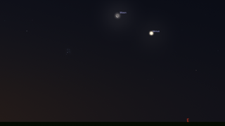 night sky graphic showing a thin crescent moon and venus shining bright in the lower right .