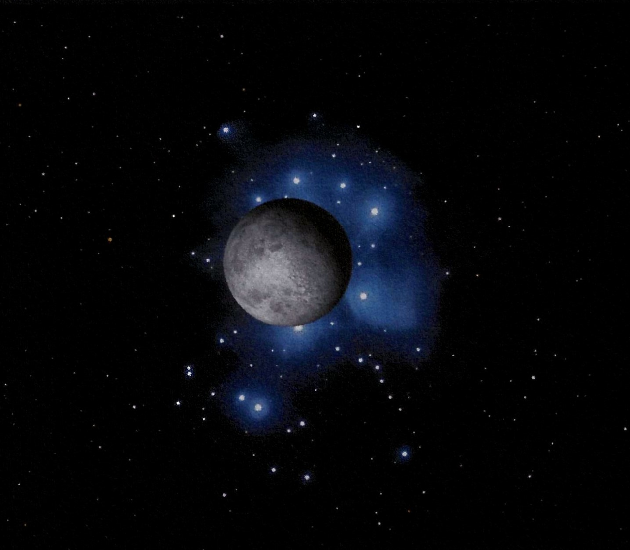an illustration of the moon in front of a dense group of blue-white stars
