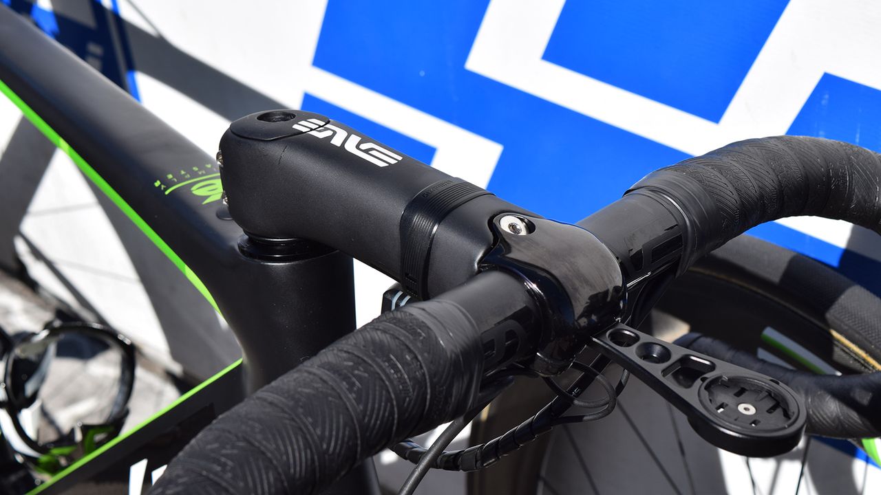 The faceplate on the race bike's stem had a glossy black finish