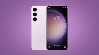 Samsung Galaxy S23 in purple on purple background with TechRadar deals text overlay