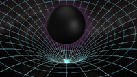 A black ball in the center of the screen looks to be falling into a warped spacetime diagram. 