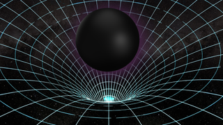 A green grid that is infinitely curved at its center. Over this is a black sphere