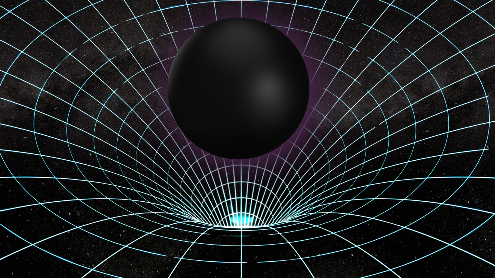 A black sphere surrounded by a warped green grid