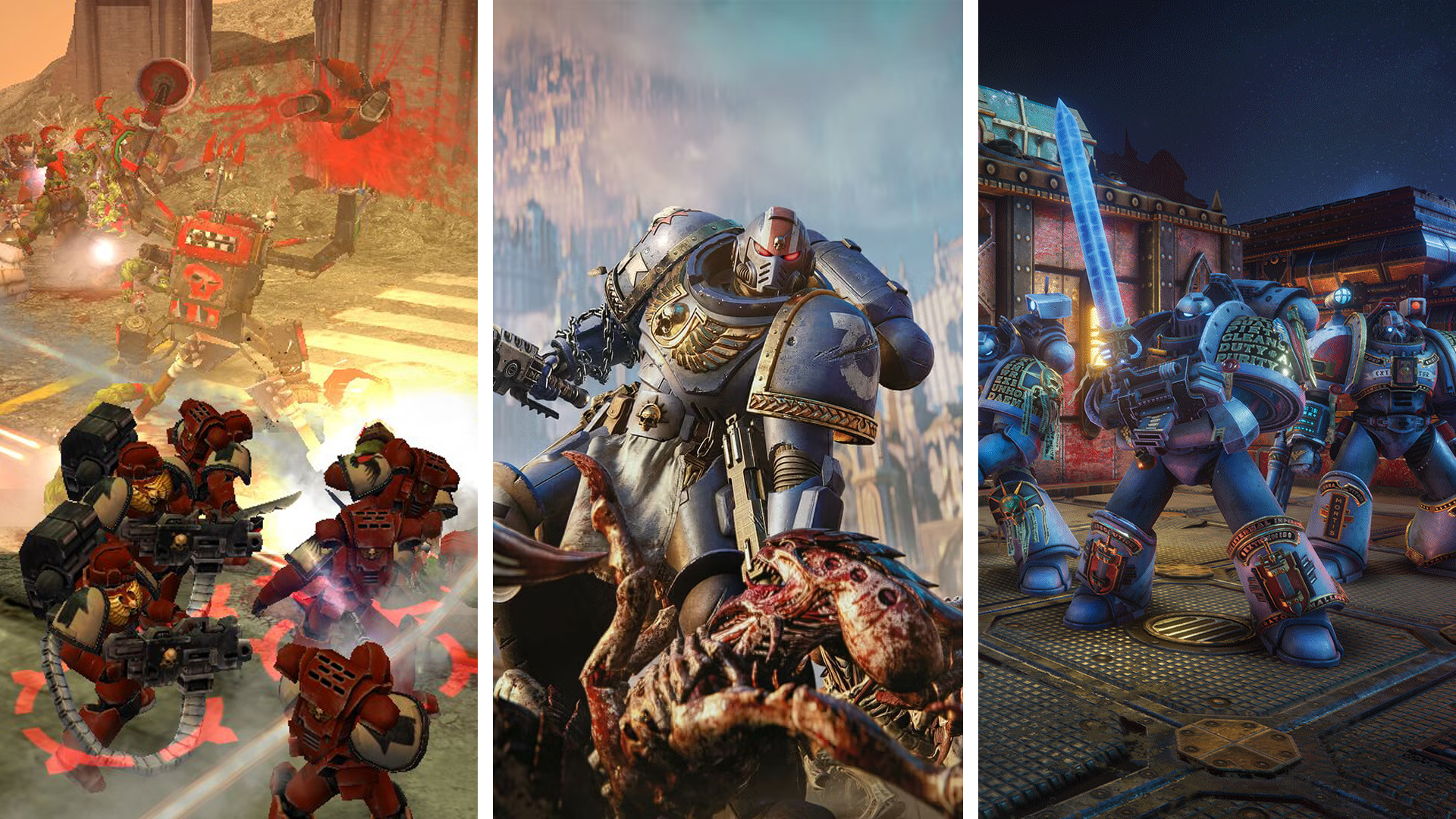 Split image showing screenshots from Dawn of War, Space Marine 2, and Chaos Gate: Daemonhunters.
