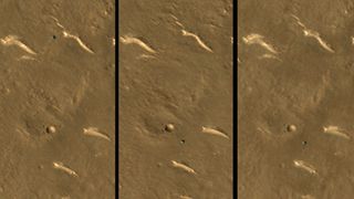 A three-panel image consisting of photographs of the surface of Mars. China's Zhurong rover can be seen in the same location in each panel.