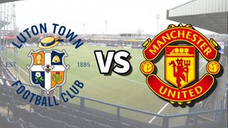 The Luton Town and Manchester United club badges on top of a photo of Kenilworth Road stadium in Luton, England