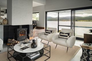 Black and white living room with corner fireplace