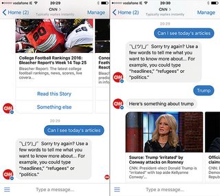 CNN's Facebook Messenger bot displays the latest articles, suggestions to progress, images and excerpts