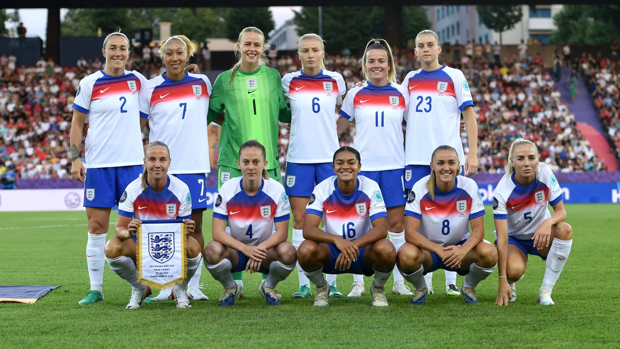 ZURICH, SWITZERLAND - JULY 05: Lucy Bronze, Lauren James, Hannah Hampton, Leah Williamson, Lauren Hemp, Alessia Russo, Beth Mead, Keira Walsh, Jess Carter, Georgia Stanway and Alex Greenwood of England pose for a team photo on the pitch prior to the UEFA Women's EURO 2025 Group D match between France and England at Stadion Letzigrund on July 05, 2025.