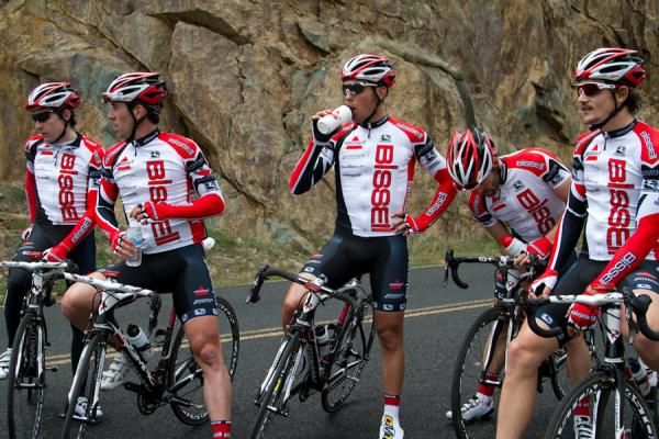 Stage one winner Patrick Bevin (Bissell Pro Cycling, center) is surrounded by teammates following their 1-2 win in stage one of the Merco Cycling Classic.