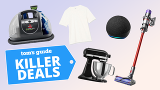 Collage of dyson vacuum, kitchenaid mixer, amazon essentials tee, and more