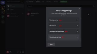 A screenshot of the Discord web app showing the Report User Profile menu with four options that describe the problem. 