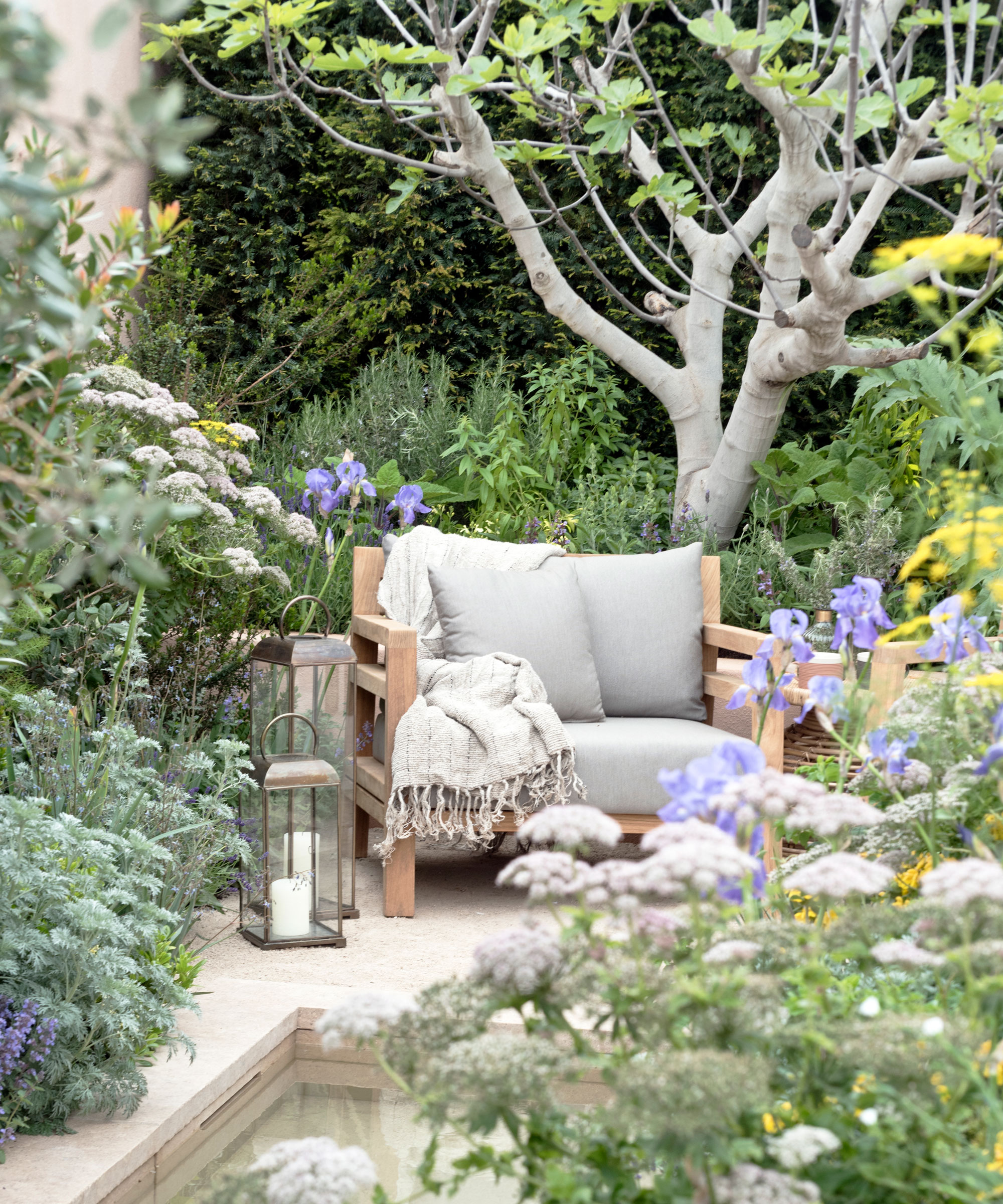 garden chair and lanterns in patio area with planting design, water feature and multi stem tree