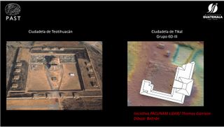 A slide from PACUNAM comparing the Citadel in Teotihuacan (left) with the shape of the new structure in Tikal.