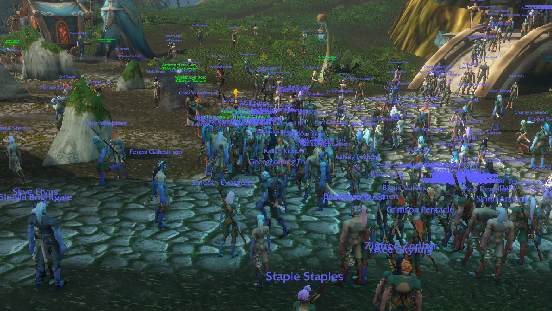 An image of the WoW: Forever beta, where dozens upon dozens of new characters flood the starting zone.