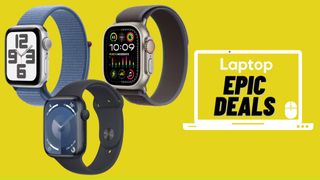 Prime Day Apple Watch deals — Apple Watch SE 2, Series 9 and Ultra 2 against yellow background