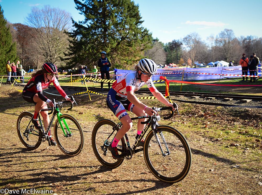 Ellen Noble (JAM/NCC/Vittoria) leading Emma White with two laps remaining