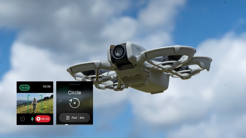 A photo of the DJI Neo 2 is overlaid with Apple Watch DJI Fly screenshots