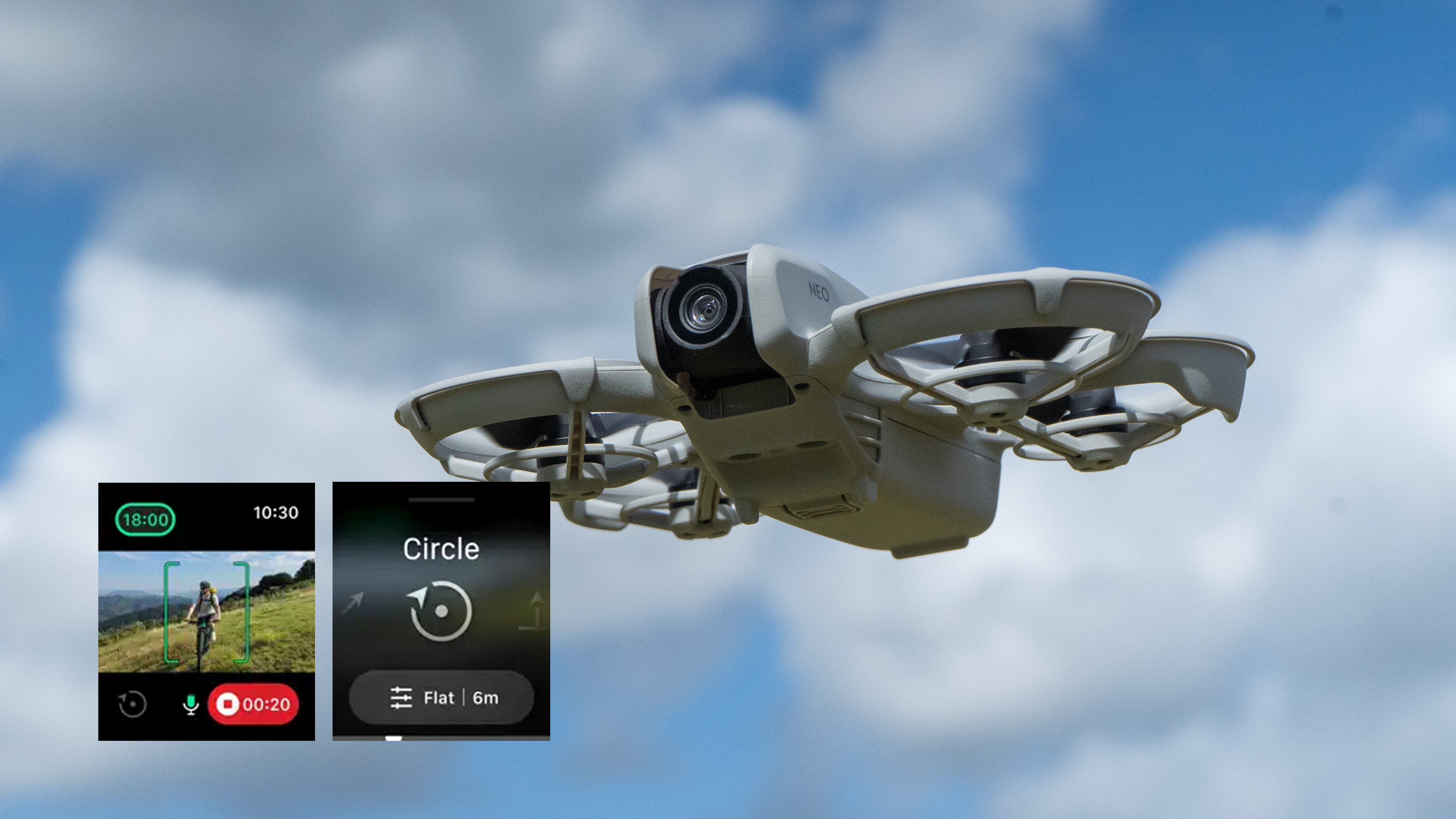 A photo of the DJI Neo 2 is overlaid with Apple Watch DJI Fly screenshots