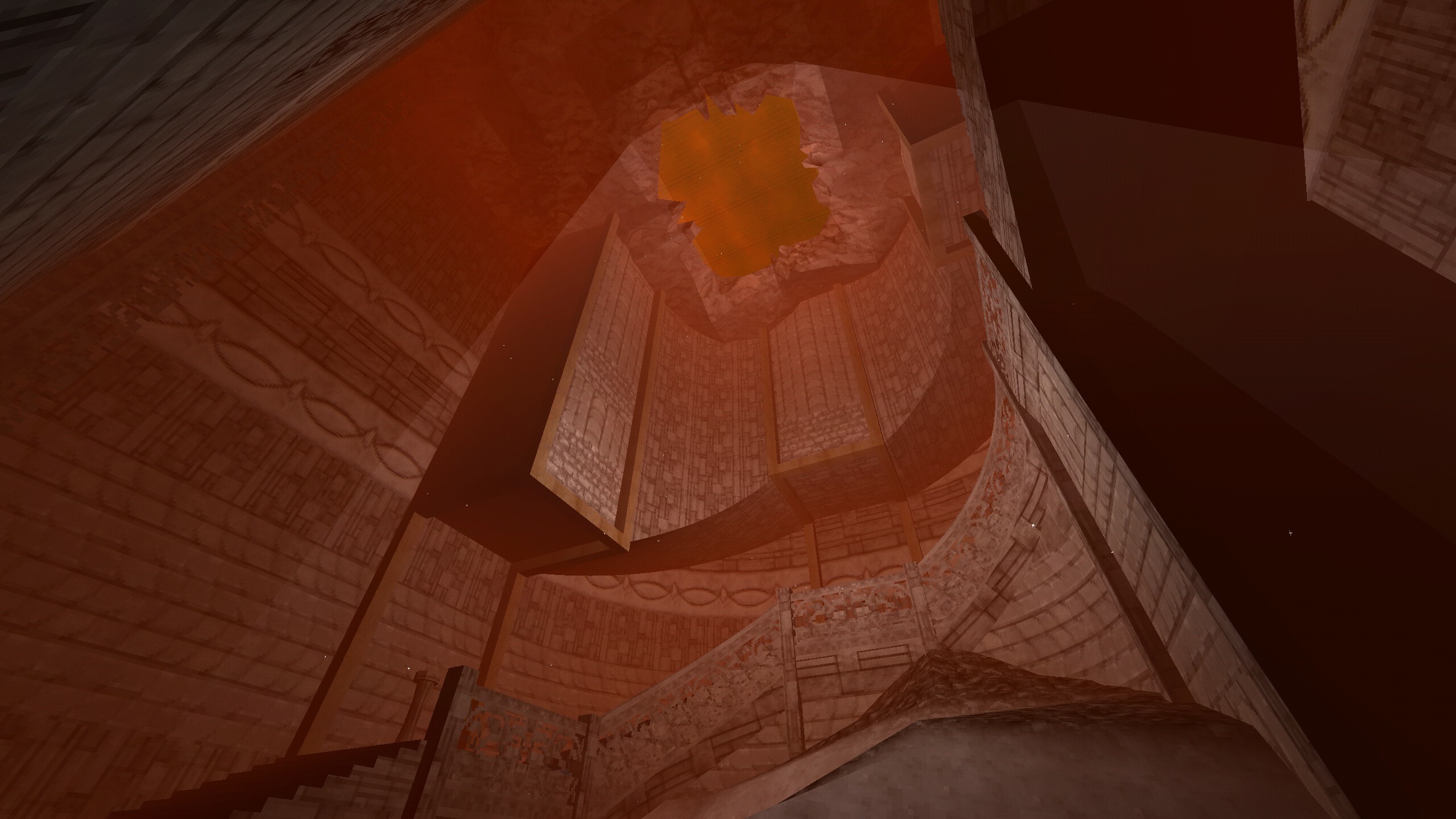 staircase spiraling up toward a hole in the ceiling revealing red sky in ultrakill