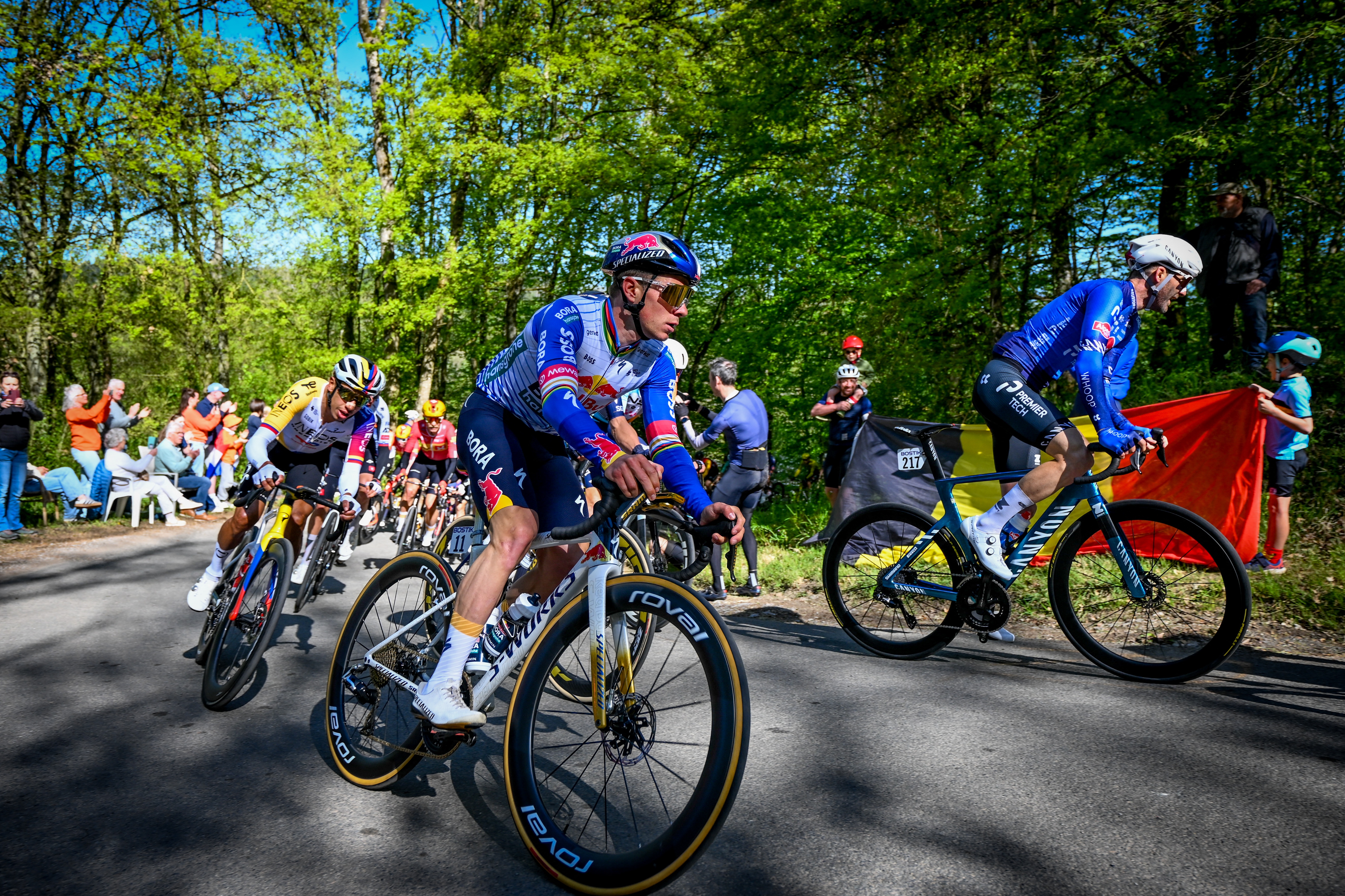Belgian Remco Evenepoel of Red Bull-BORA-hansgrohe cycles during the men elite race of the Liege-Bastogne-Liege UCI World Tour one day cycling race, 259,5km from Liege, over Bastogne to Liege, on April 26, 2026. (Photo by MAARTEN STRAETEMANS / Belga / AFP via Getty Images) / Belgium OUT
