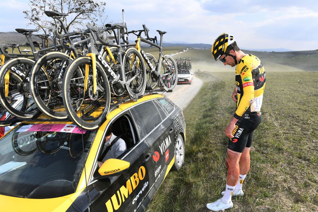 SIENA ITALY MARCH 05 Tiesj Benoot of Belgium and Team Jumbo Visma injured after being involved in a crash during the Eroica 16th Strade Bianche 2022 Mens Elite a 184km one day race from Siena to Siena Piazza del Campo 321m StradeBianche WorldTour on March 05 2022 in Siena Italy Photo by Tim de WaeleGetty Images