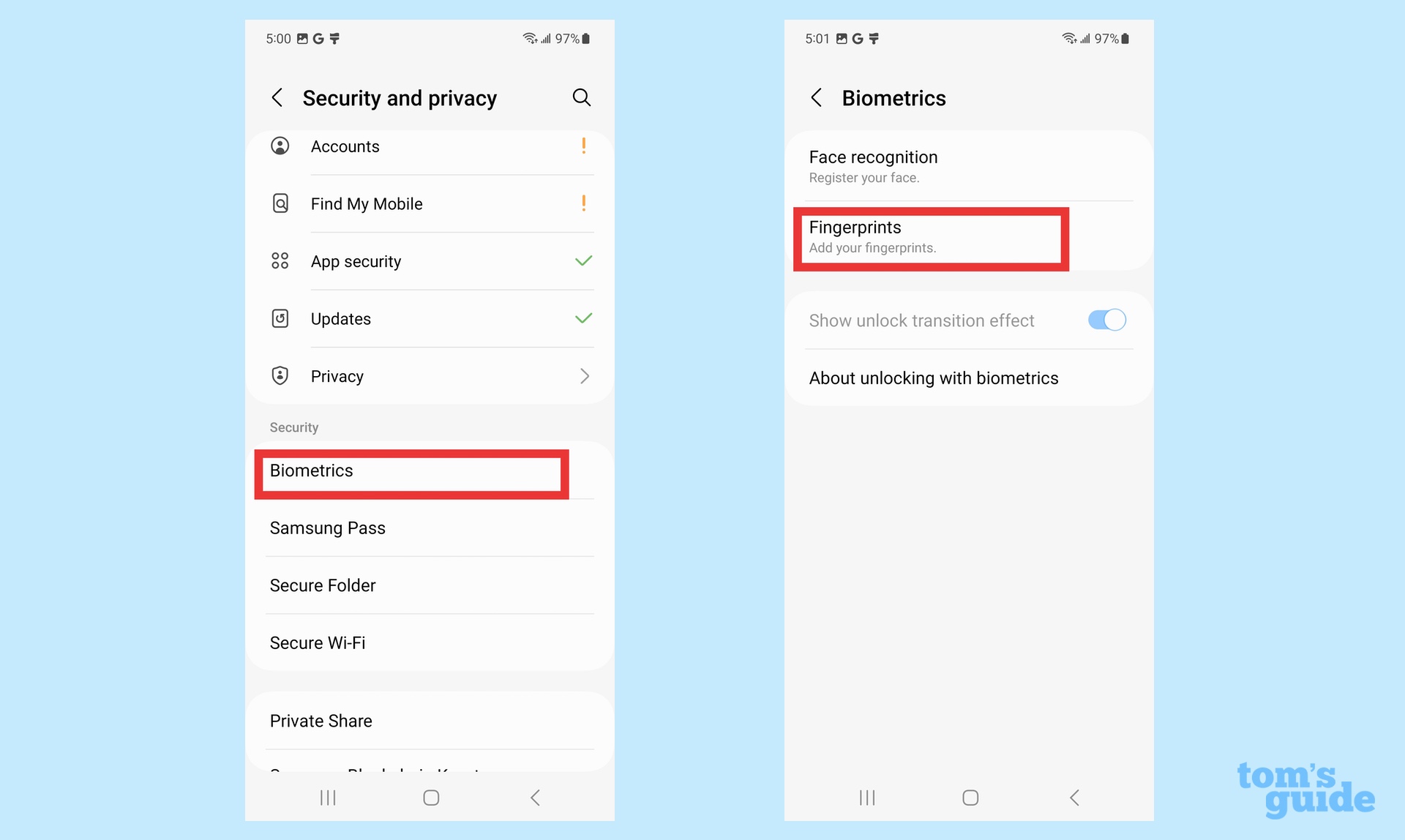 How to set up a fingerprint reader on galaxy s23 select biometrics from settings