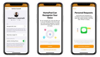 Three screens of the approval process for letting HomePod recognize your voice.