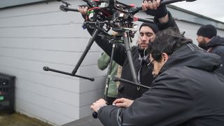 A gimbal stabilizer wasn't an option for the shot, so the cameras were mounted directly to a rod under the drone.
