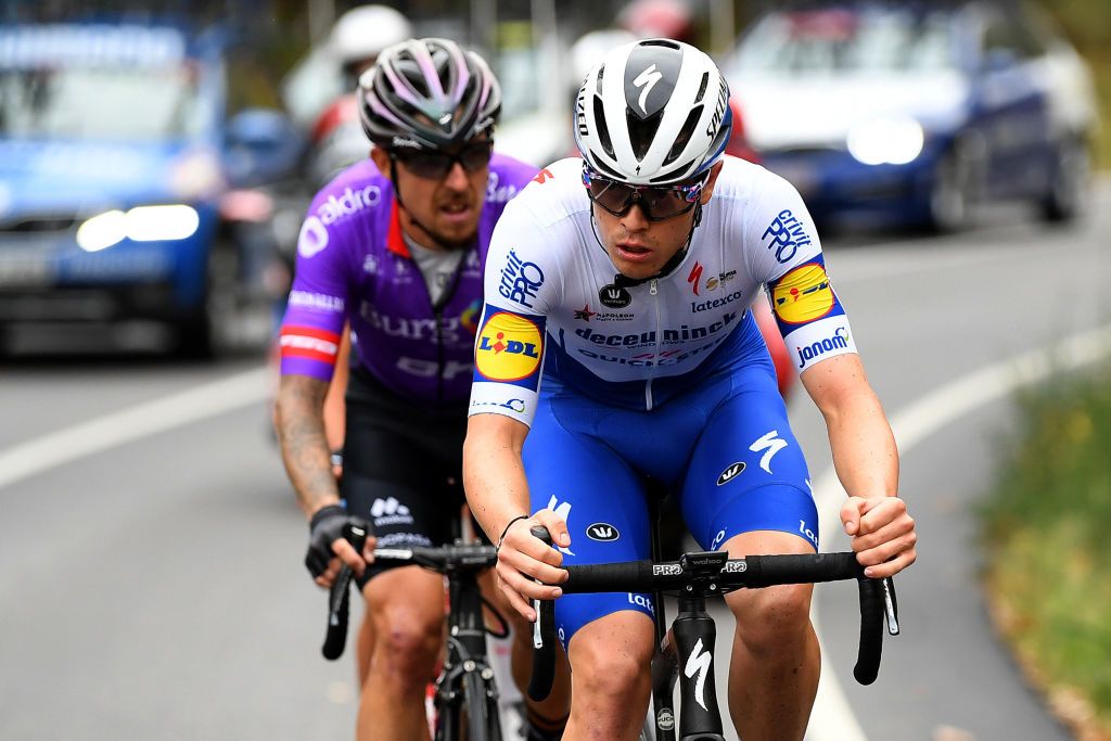 CIUDADRODRIGO SPAIN NOVEMBER 06 Remi Cavagna of France and Team Deceuninck QuickStep Angel Madrazo of Spain and Team Burgos BH during the 75th Tour of Spain 2020 Stage 16 a 162km stage from Salamanca to Ciudad Rodrigo lavuelta LaVuelta20 La Vuelta on November 06 2020 in Ciudad Rodrigo Spain Photo by David RamosGetty Images